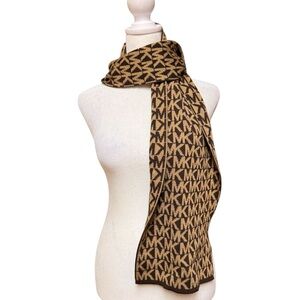 Michael Kors MK Logo Scarf Brown Tan Reversible Knit Winter Fall Wrap
